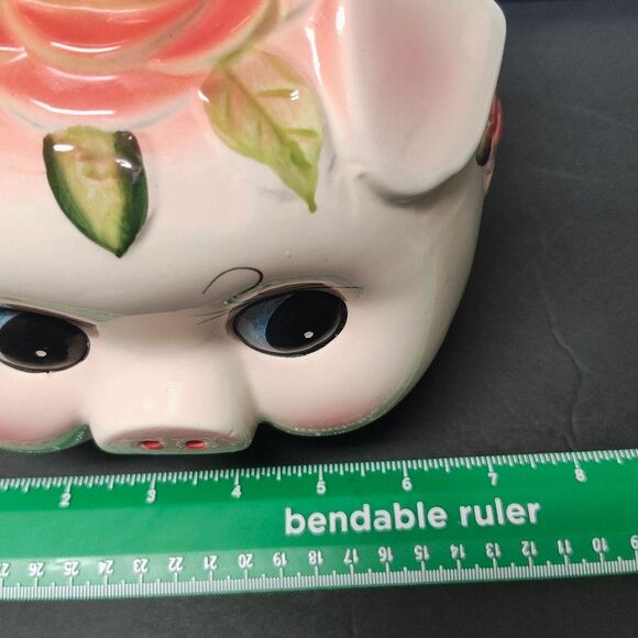 Piggy Bank Kitschy Cute Floral Big Eyed and slightly angry little Pink Pig - Picture 9 of 11